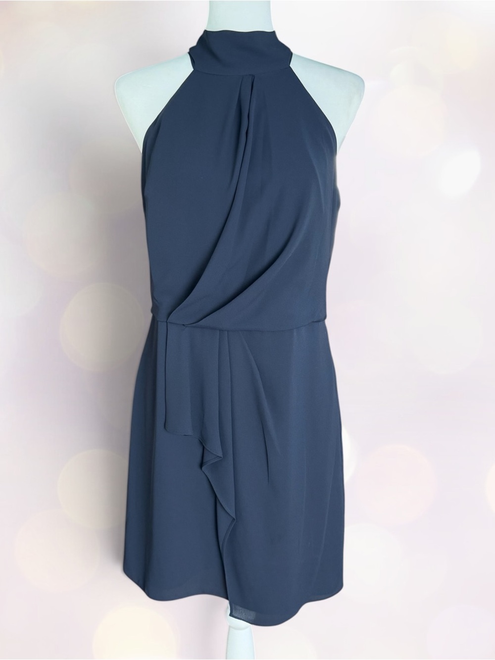 Halston Navy Blue Draped Halter Cocktail Dress Size 8 , Designer, Wedding